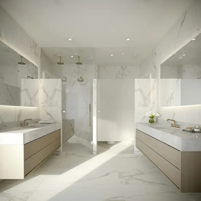 A pale marble bathroom with twin vanities and a glass shower